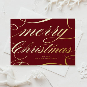 Elegant Flourish Script Burgundy Merry Christmas Foil Holiday Postcard