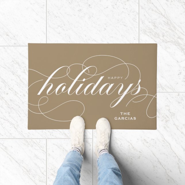 Elegant Flourish Script Happy Holidays Gold Doormat (Indoor)