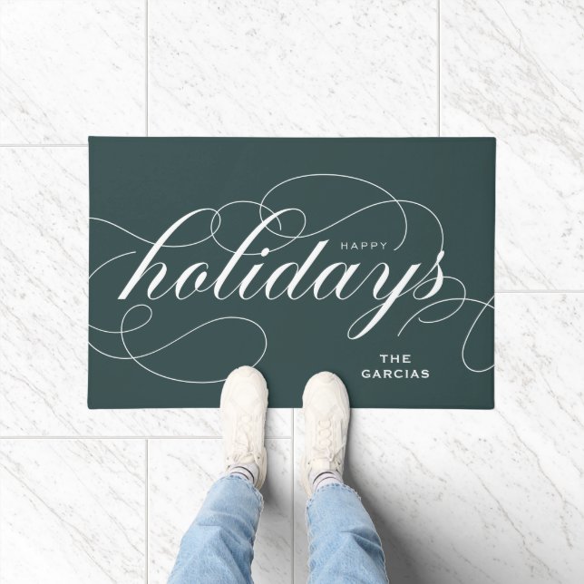Elegant Flourish Script Happy Holidays Green Doormat (Indoor)