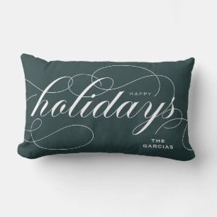 Elegant Flourish Script Happy Holidays Green Lumbar Cushion