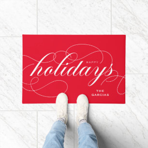 Elegant Flourish Script Happy Holidays Red Doormat