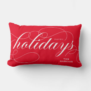 Elegant Flourish Script Happy Holidays Red Lumbar Cushion