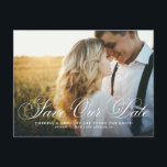 Elegant Flourish Script Photo Save Our Date Postcard<br><div class="desc">Announce your wedding date to family and friends with this elegant photo save the date postcard. It features a flourish script overlay. Personalise by adding your own photo and wedding details. This script save our date postcard is perfect for any wedding theme.</div>