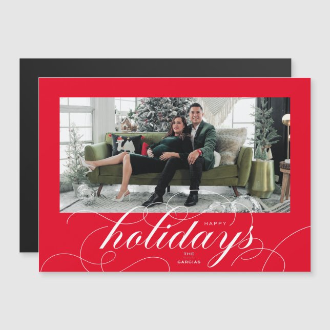 Elegant Flourish Script Red Holiday Photo Card (Front/Back)