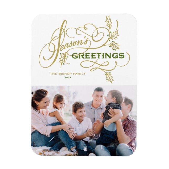 Elegant Flourish Season's Greetings Family Photo Magnet (Vertical)