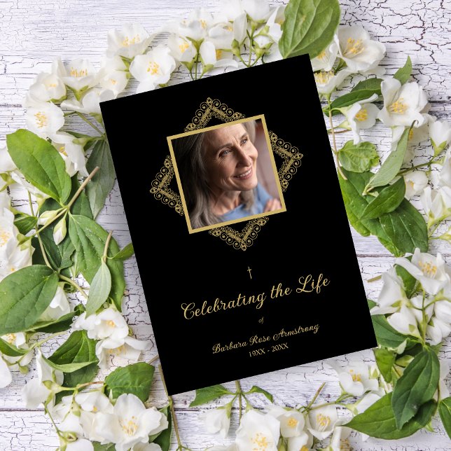 Elegant Flourish Sophisticated Golden Ornament  Invitation (Elegant Flourish Sophisticated Fake Golden Ornament Photo Funeral Service Invitation with Envelope.)