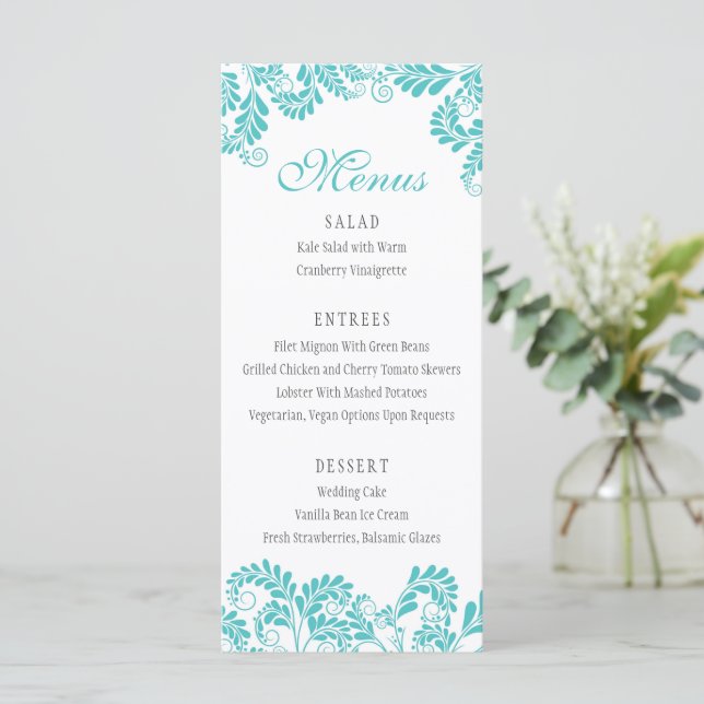 Elegant Flourish Turquoise Wedding Menus (Standing Front)