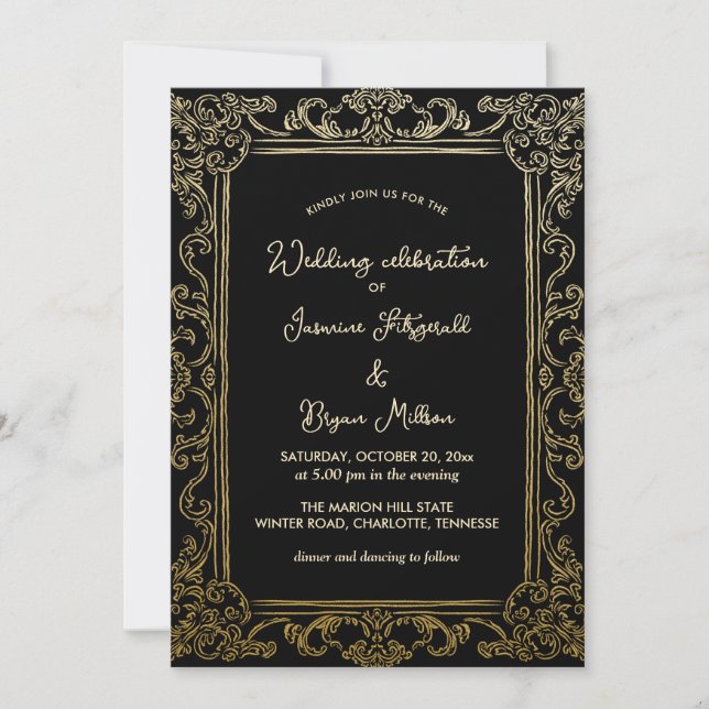 Elegant Flourish Vintage Frame | Wedding Black Invitation (Front)