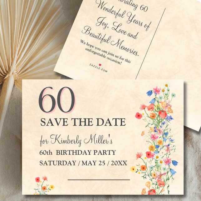 Elegant Flower 60 Years Party Floral 60th Birthday Announcement Postcard (Creator Uploaded)