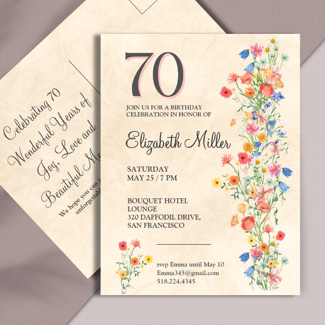 Elegant Flower 70 Years Party Floral 70th Birthday Invitation Postcard (Creator Uploaded)