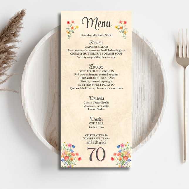 Elegant Flower 70 Years Party Floral 70th Birthday Menu (Creator Uploaded)