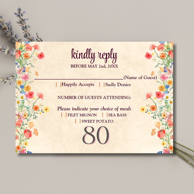 Elegant Flower 80 Years Party Floral 80th Birthday RSVP Card (Creator Uploaded)