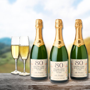 Elegant Flower 80 Years Party Floral 80th Birthday Sparkling Wine Label