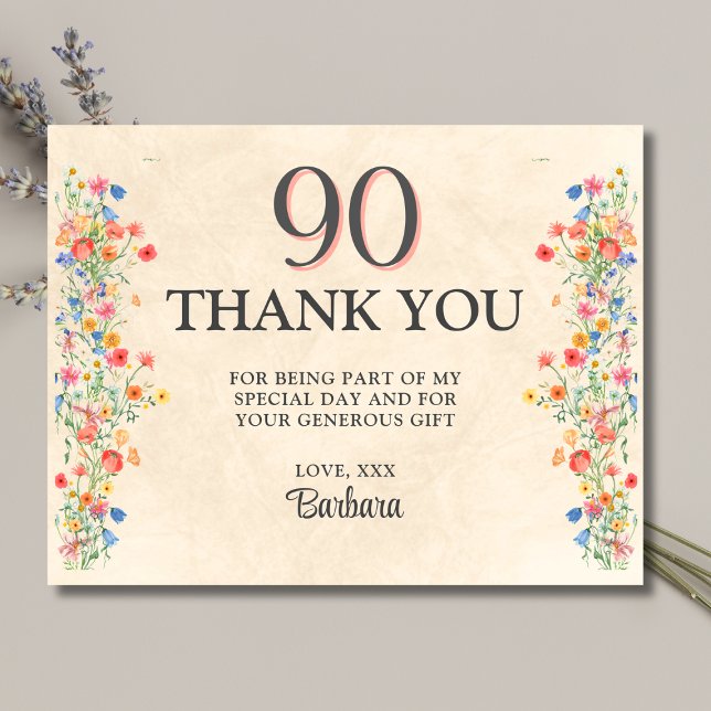 Elegant Flower 90 Years Party Floral 90th Birthday Thank You Card (Creator Uploaded)