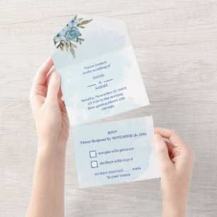 Elegant Flower Blue Personalised Wedding All In One Invitation