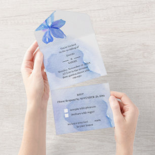 Elegant Flower Blue Personalised Wedding All In One Invitation