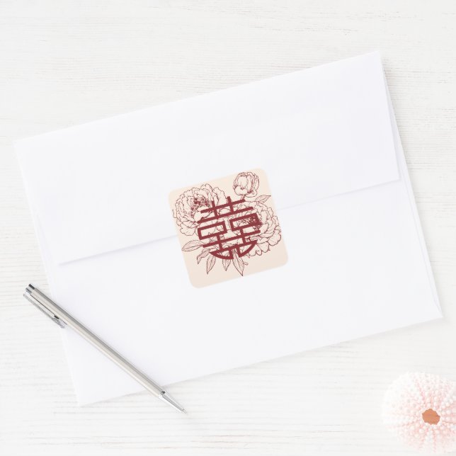 Elegant Flower Double Xi Chinese Wedding Square St Square Sticker (Envelope)