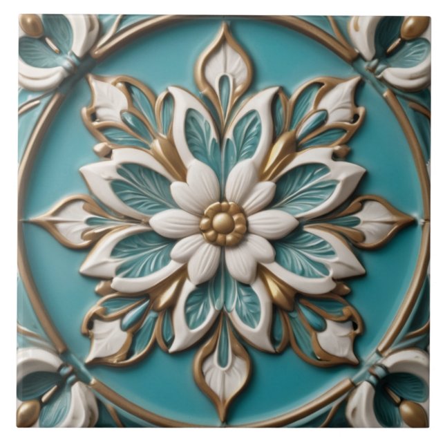Elegant Flower Faux Relief Classy Turquoise Floral Ceramic Tile (Front)