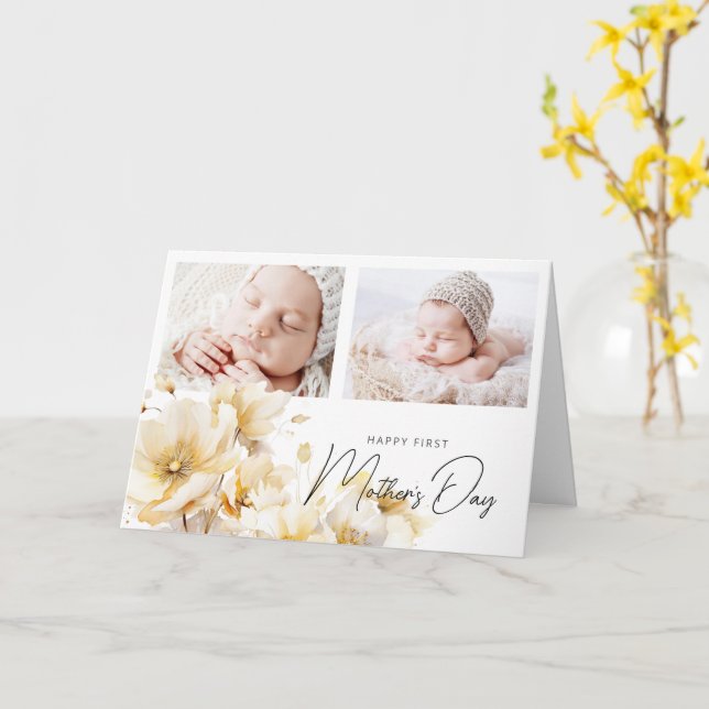 Elegant Flower First Mother's Day 2 Photos Card (Yellow Flower)