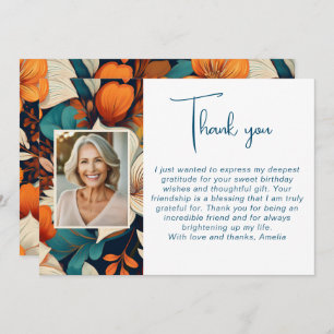Elegant Flower Foliage Pattern Photo Birthday Thank You Card