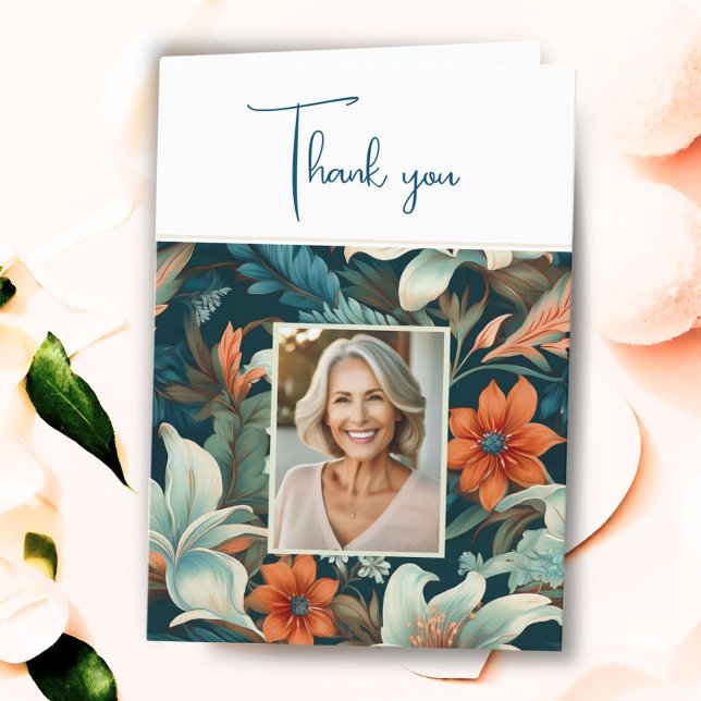 Elegant Flower Foliage Pattern Photo Birthday  Thank You Card (Creator Uploaded)