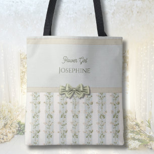Elegant Flower Girl Floral Stripes Coquette Bow Tote Bag
