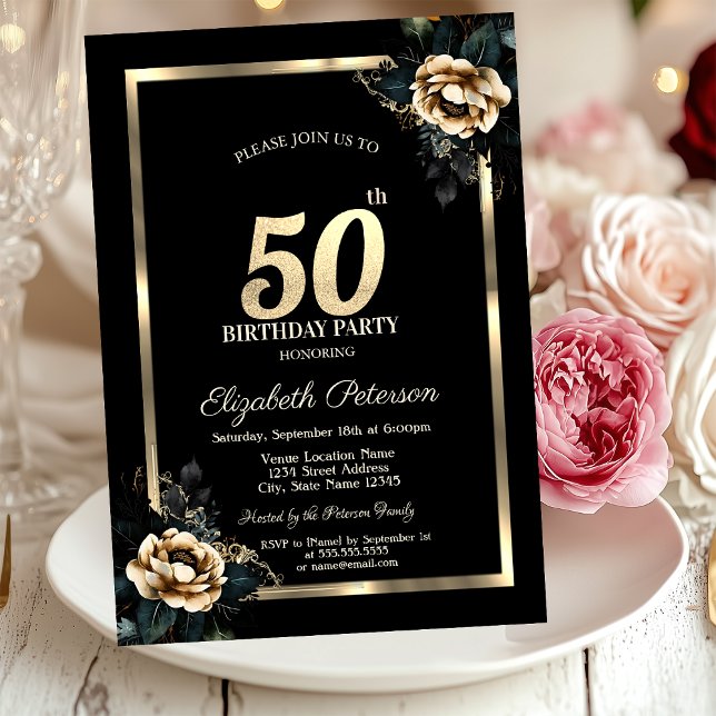 Elegant Flower Gold Frame Black 50th Birthday  Invitation (Creator Uploaded)
