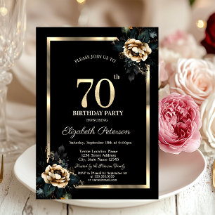 Elegant Flower Gold Frame Black 70th Birthday Invitation