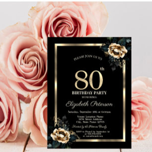 Elegant Flower Gold Frame Black 80th Birthday Invitation