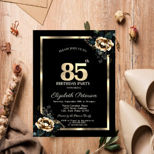 Elegant Flower Gold Frame Black 85th Birthday  Invitation