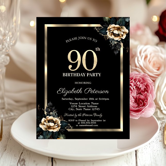 Elegant Flower Gold Frame Black 90th Birthday  Invitation (Creator Uploaded)