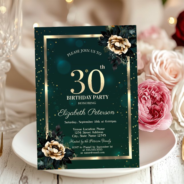 Elegant Flower Gold Frame Stars Green 30th  Invitation (Creator Uploaded)