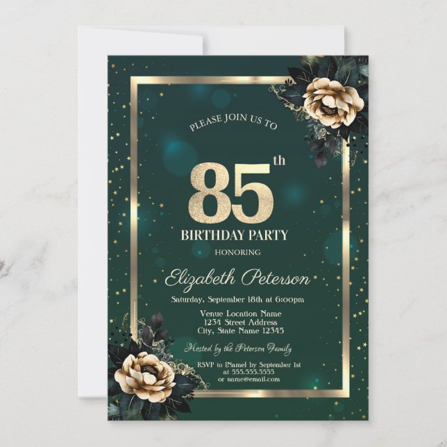 Elegant Flower Gold Frame Stars Green 85th Invitation (Front)