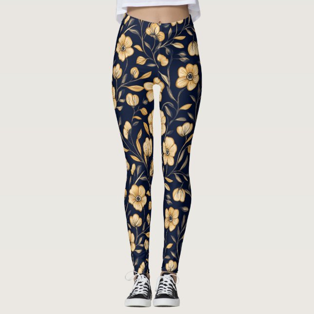 Elegant Flower Gold Pattern Leggings (Front)