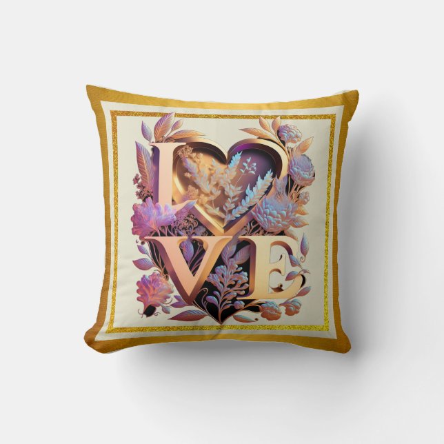 Elegant Flower, Heart and Golden Love Cushion (Front)