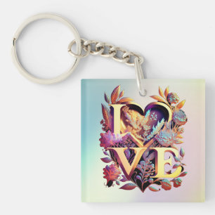 Elegant Flower, Heart and Golden Love Key Ring