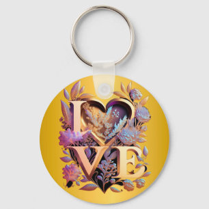 Elegant Flower, Heart and Golden Love Key Ring