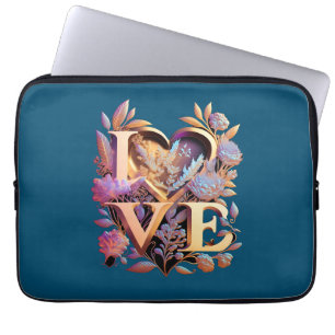 Elegant Flower, Heart and Golden Love Laptop Sleeve