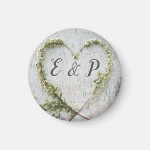Elegant flower heart rustic birch bark wedding magnet
