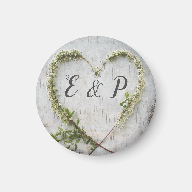 Elegant flower heart rustic birch bark wedding magnet (Front)