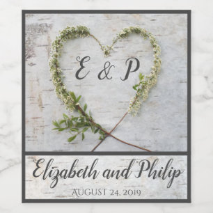 Elegant flower heart rustic birch bark wedding wine label