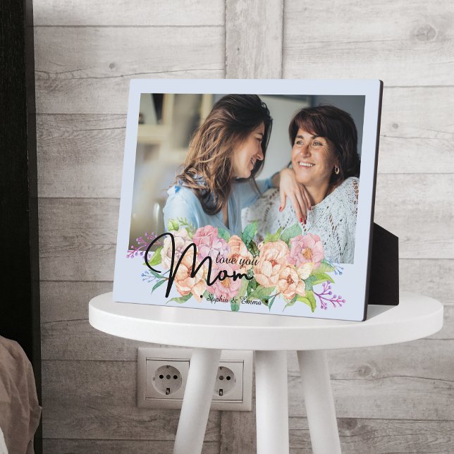 Elegant Flower Script Love You Mum Photo  Plaque (Creator Uploaded)