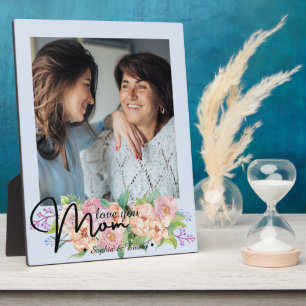 Elegant Flower Script Love You Mum Photo Plaque