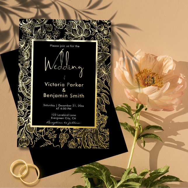 Elegant Flower Sketch Frame Black Gold Wedding (Rustic Floral Black and Gold Vintage Chic Wedding Foil Invitation)