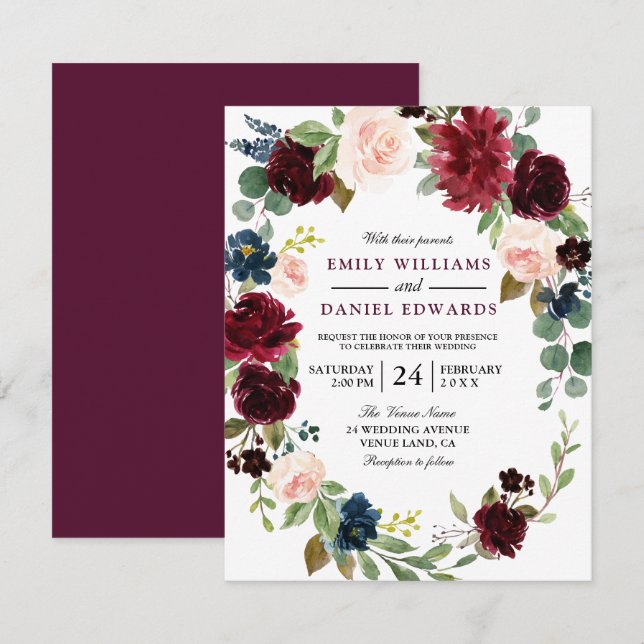 Elegant Flower Wreath Burgundy Red Wedding Invite (Front/Back)
