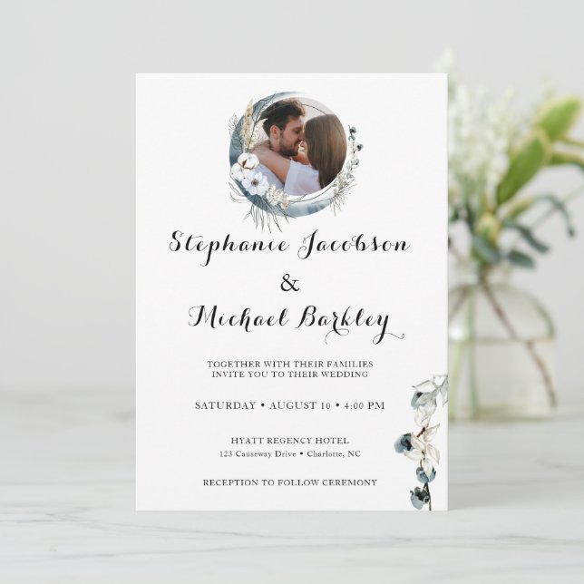 Elegant Flower Wreath Photo Wedding Invitation (Standing Front)