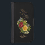 Elegant Flowers and Gold Scrolls Samsung S4 Wallet Case<br><div class="desc">Rich colours of yellow and red roses,  and assorted white and blue flowers with gold leaves and scrolls on a black background.</div>