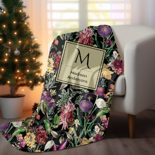 Elegant flowers and leaves black floral fleece blanket