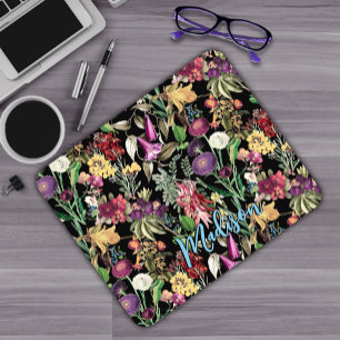 Elegant flowers and leaves black floral pattern mouse pad