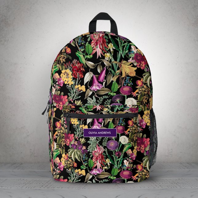 Elegant flowers and leaves black floral Pattern Printed Backpack (Creator Uploaded)